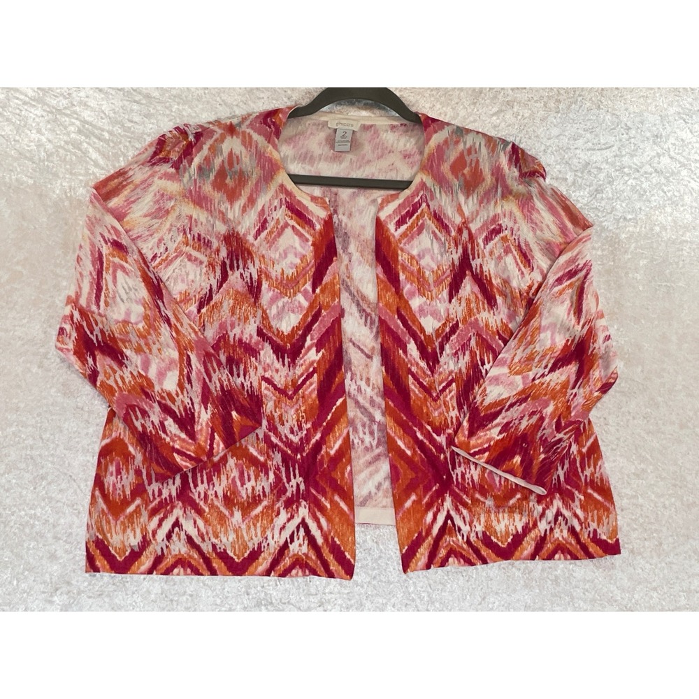 Chico's Open Front Cardigan Women Size 2 Pink Orange Ikat Excellent Knit Top